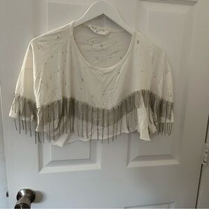 White Distressed Bling Fringe Crop Top